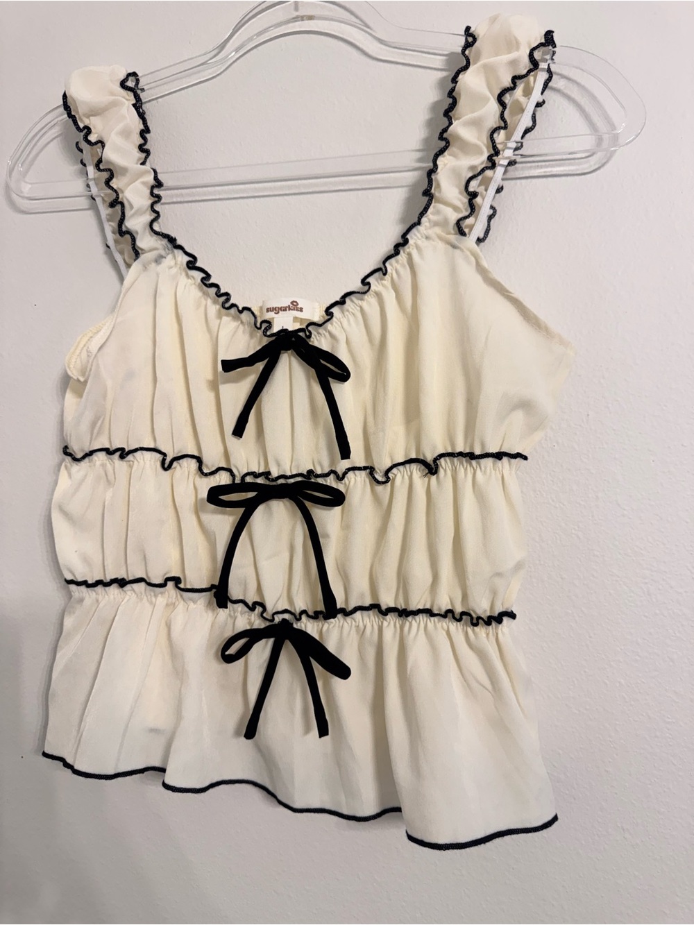 Sugarlips Cream Ruffle Camisole with Black Trim